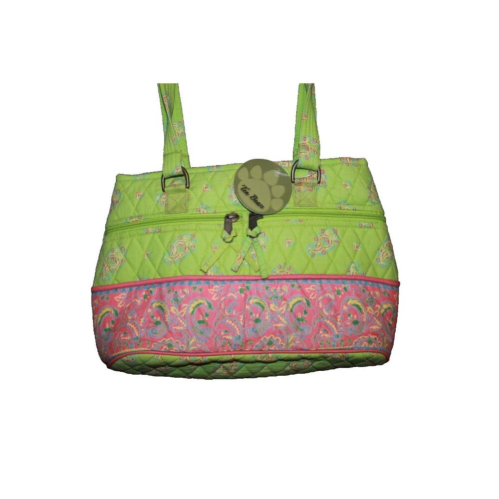 Vintage Ten Bears Quilted Double Handle Pink & Lime Paisley Bag Purse NEW